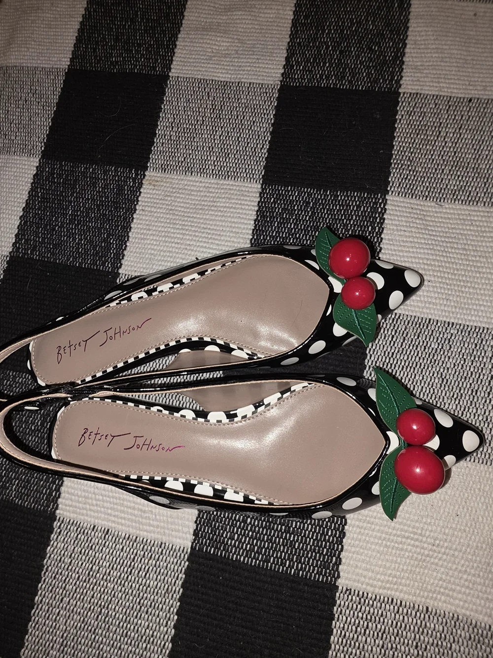 Betsey Johnson Black & White Polka Dot Slingback Flats with Cherry Detail